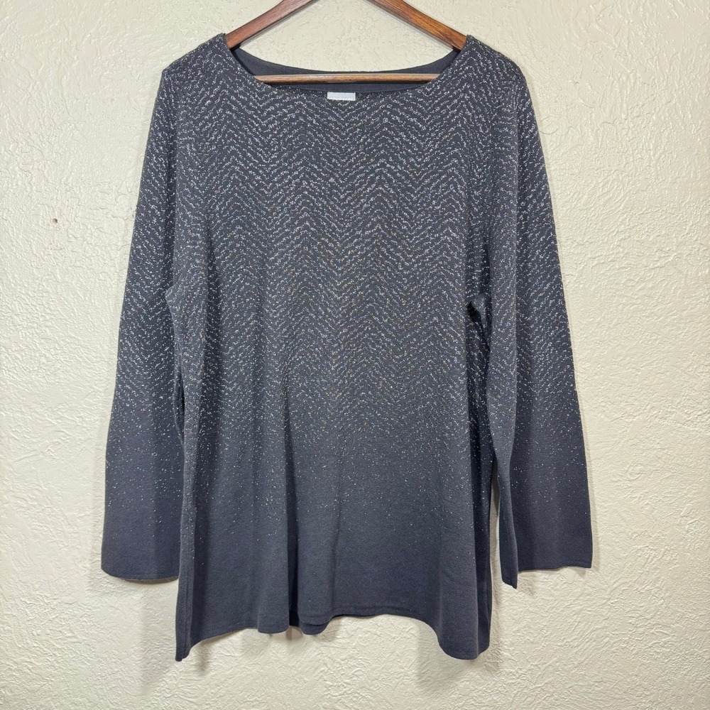 Chicos Sweater 3 XL Metallic Shine Pullover Bateau Gray Silver Minimalist Luxury